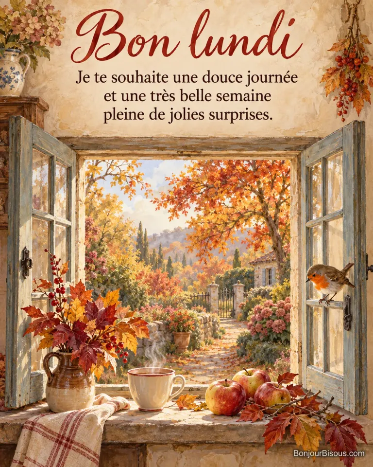 Peinture d’une vieille fenêtre ouverte sur un jardin aux couleurs d’automne, un rouge-gorge sur le battant, une tasse fumante, des pommes et un bouquet de feuilles rousses, avec le texte « Bon lundi – Je te souhaite une douce journée et une très belle semaine pleine de jolies surprises. »