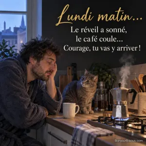 Photo d’un homme ensommeillé en robe de chambre accoudé au plan de travail devant une cafetière italienne qui fume, un chat gris assis à côté de lui, avec le texte « Lundi matin… Le réveil a sonné, le café coule… Courage, tu vas y arriver ! »
