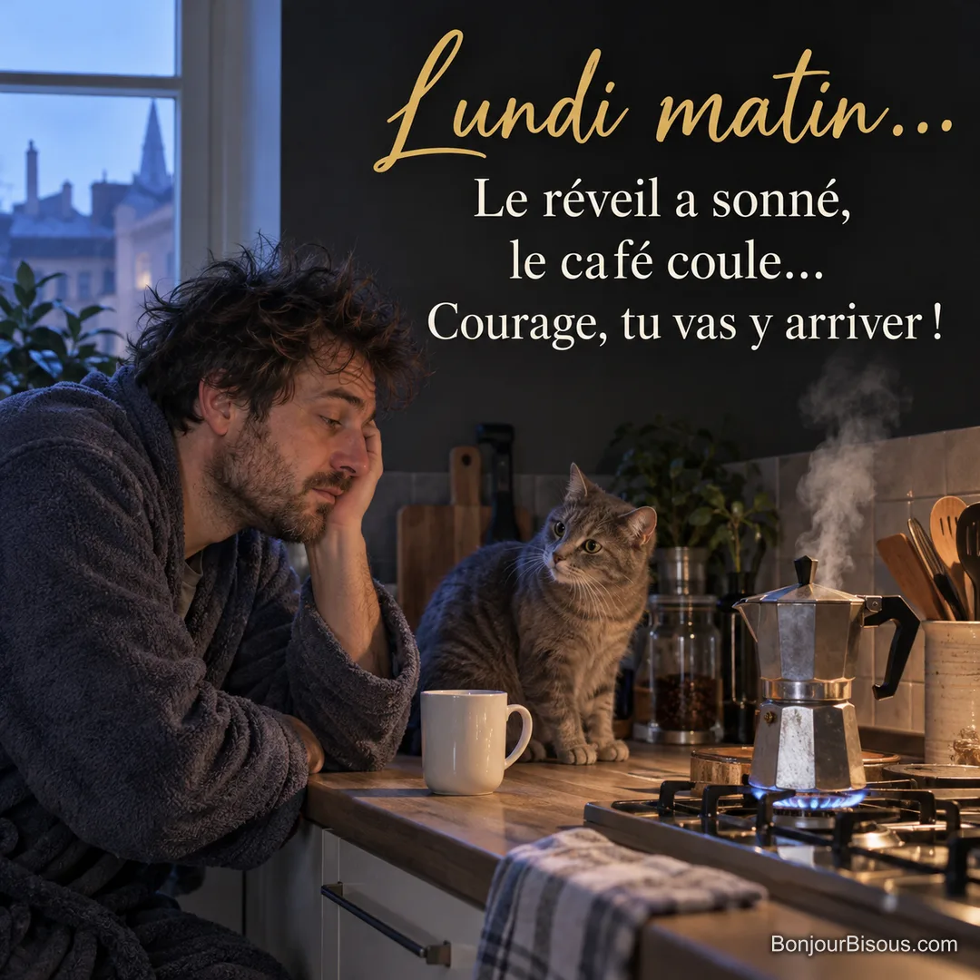 Photo d’un homme ensommeillé en robe de chambre accoudé au plan de travail devant une cafetière italienne qui fume, un chat gris assis à côté de lui, avec le texte « Lundi matin… Le réveil a sonné, le café coule… Courage, tu vas y arriver ! » Photo d’un homme ensommeillé en robe de chambre accoudé au plan de travail devant une cafetière italienne qui fume, un chat gris assis à côté de lui, avec le texte « Lundi matin… Le réveil a sonné, le café coule… Courage, tu vas y arriver ! »