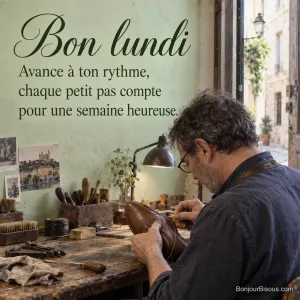 Un cordonnier répare une chaussure dans un petit atelier lyonnais, avec le texte « Bon lundi Avance à ton rythme, chaque petit pas compte pour une semaine heureuse. ».