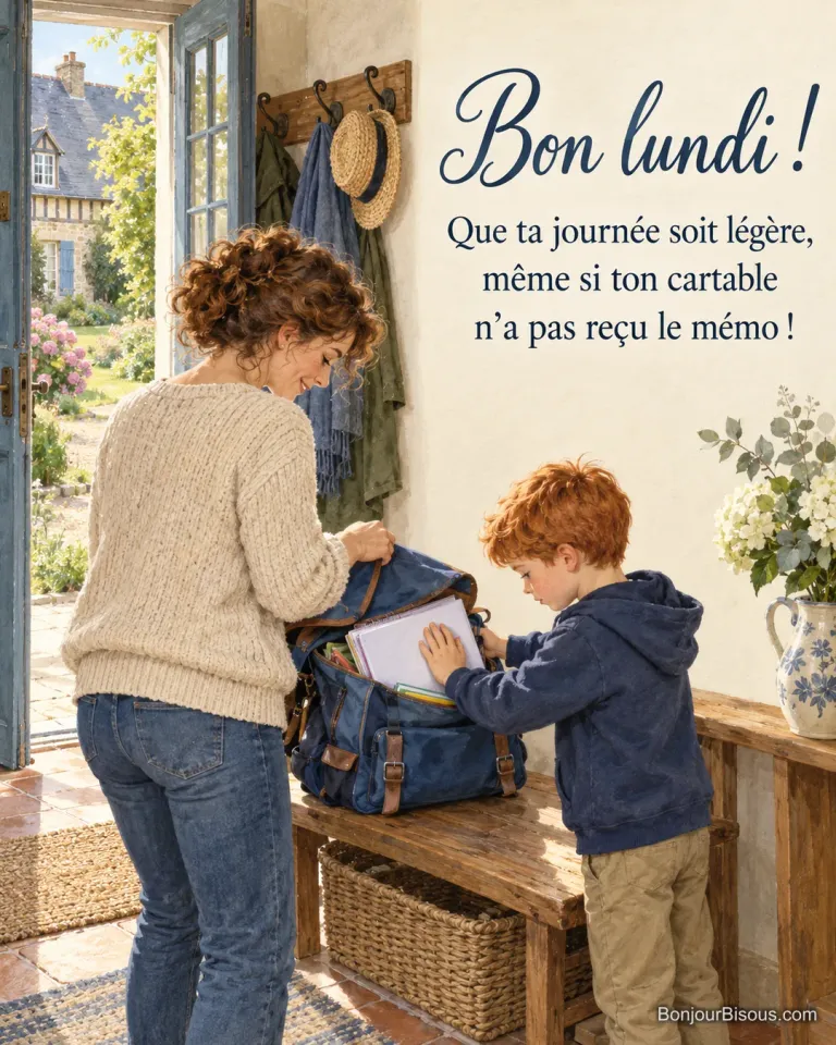 Une mère aide son enfant à fermer un cartable trop rempli dans une entrée de maison, avec le texte « Bon lundi ! Que ta journée soit légère, même si ton cartable n’a pas reçu le mémo ! ».