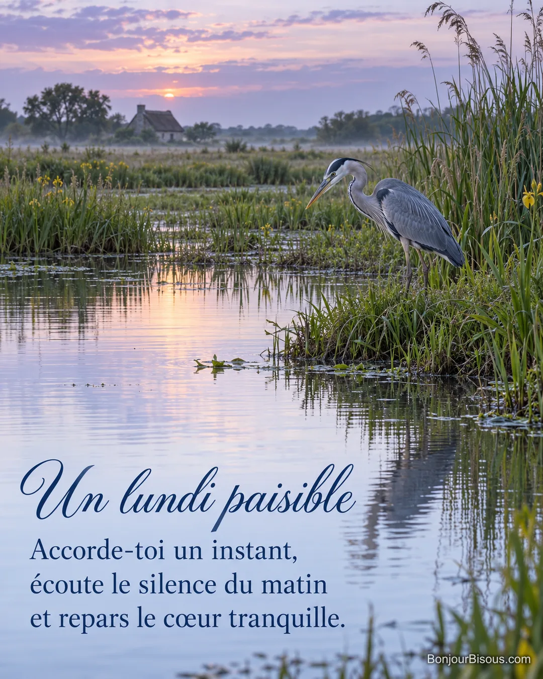 Un héron cendré attend dans les marais de Brière à l’aube, avec le texte « Un lundi paisible Accorde-toi un instant, écoute le silence du matin et repars le cœur tranquille. ». Un héron cendré attend dans les marais de Brière à l’aube, avec le texte « Un lundi paisible Accorde-toi un instant, écoute le silence du matin et repars le cœur tranquille. ».