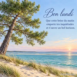 Un pin maritime se penche dans la brise au-dessus du bassin d’Arcachon, avec le texte « Bon lundi Que cette brise du matin emporte tes inquiétudes et t’ouvre un bel horizon. ».
