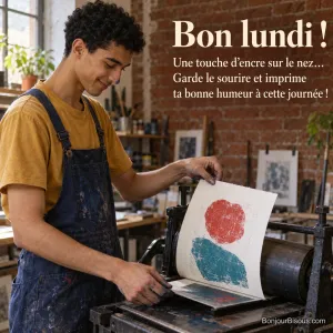 Un jeune imprimeur lyonnais contemple son épreuve colorée avec une petite trace d’encre sur le nez, avec le texte « Bon lundi ! Une touche d’encre sur le nez… Garde le sourire et imprime ta bonne humeur à cette journée ! ».