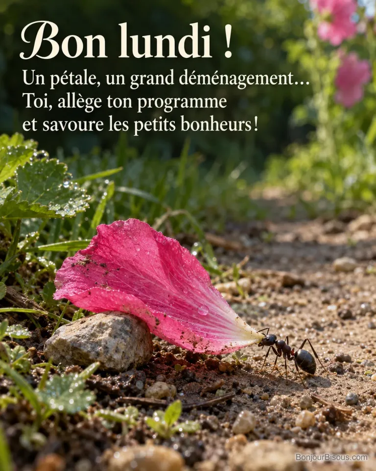 Une fourmi noire tente de tirer un pétale rose retenu par un caillou dans un jardin de Touraine, avec le texte « Bon lundi ! Un pétale, un grand déménagement… Toi, allège ton programme et savoure les petits bonheurs ! ».