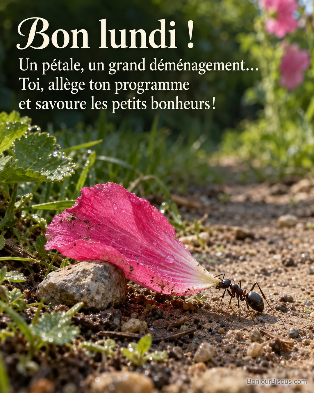 Une fourmi noire tente de tirer un pétale rose retenu par un caillou dans un jardin de Touraine, avec le texte « Bon lundi ! Un pétale, un grand déménagement… Toi, allège ton programme et savoure les petits bonheurs ! ». Une fourmi noire tente de tirer un pétale rose retenu par un caillou dans un jardin de Touraine, avec le texte « Bon lundi ! Un pétale, un grand déménagement… Toi, allège ton programme et savoure les petits bonheurs ! ».