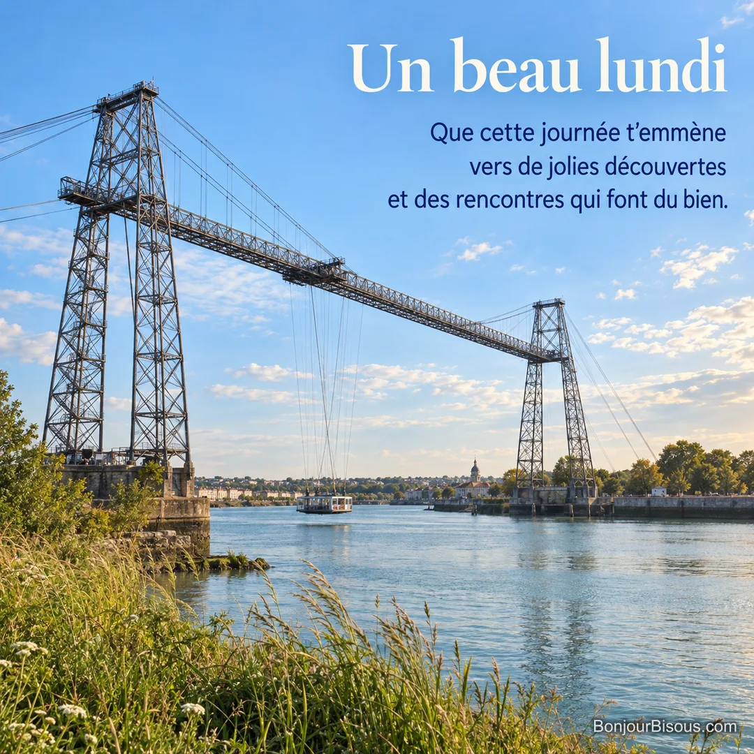La nacelle du pont transbordeur de Rochefort traverse la Charente dans la lumière du matin, avec le texte « Un beau lundi Que cette journée t’emmène vers de jolies découvertes et des rencontres qui font du bien. ». La nacelle du pont transbordeur de Rochefort traverse la Charente dans la lumière du matin, avec le texte « Un beau lundi Que cette journée t’emmène vers de jolies découvertes et des rencontres qui font du bien. ».
