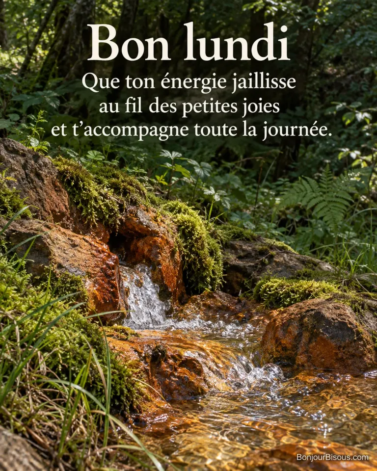 Une source ferrugineuse bouillonne entre des roches ocre et des mousses vertes en Auvergne au matin, avec le texte « Bon lundi Que ton énergie jaillisse au fil des petites joies et t’accompagne toute la journée. ».