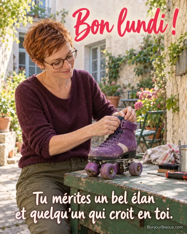 Une réparatrice nantaise ajuste avec attention la boucle d’un patin à roulettes violet, avec le message « Bon lundi ! Tu mérites un bel élan et quelqu’un qui croit en toi. ».