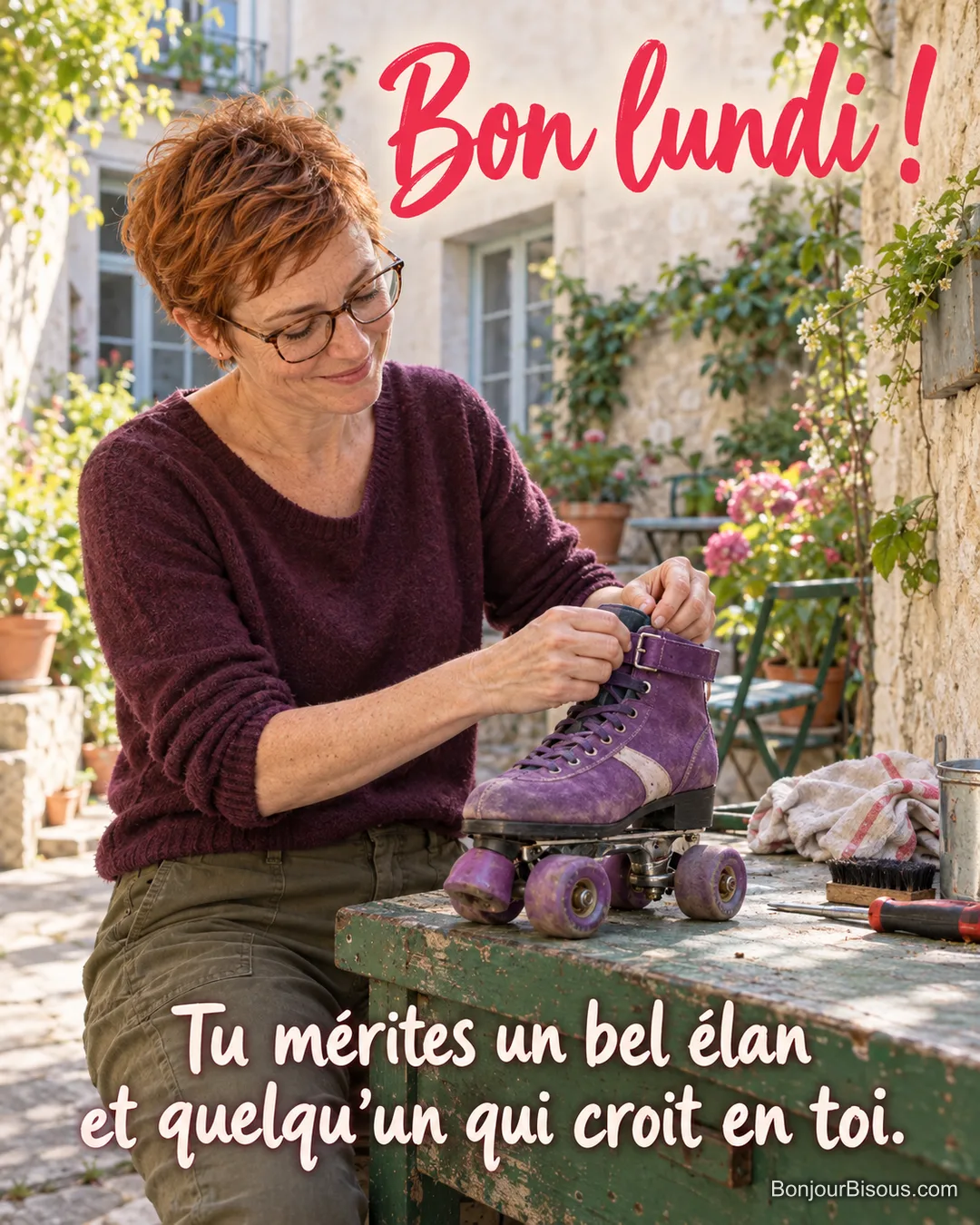 Une réparatrice nantaise ajuste avec attention la boucle d’un patin à roulettes violet, avec le message « Bon lundi ! Tu mérites un bel élan et quelqu’un qui croit en toi. ». Une réparatrice nantaise ajuste avec attention la boucle d’un patin à roulettes violet, avec le message « Bon lundi ! Tu mérites un bel élan et quelqu’un qui croit en toi. ».