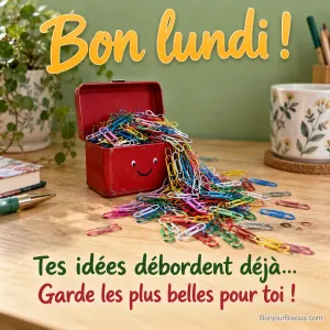Une petite boîte rouge souriante déborde de trombones multicolores sur un bureau lumineux, avec le message « Bon lundi ! Tes idées débordent déjà… Garde les plus belles pour toi ! ».