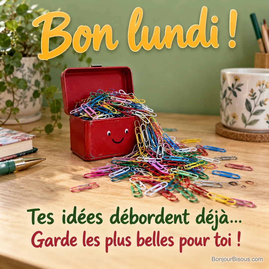 Une petite boîte rouge souriante déborde de trombones multicolores sur un bureau lumineux, avec le message « Bon lundi ! Tes idées débordent déjà… Garde les plus belles pour toi ! ». Une petite boîte rouge souriante déborde de trombones multicolores sur un bureau lumineux, avec le message « Bon lundi ! Tes idées débordent déjà… Garde les plus belles pour toi ! ».