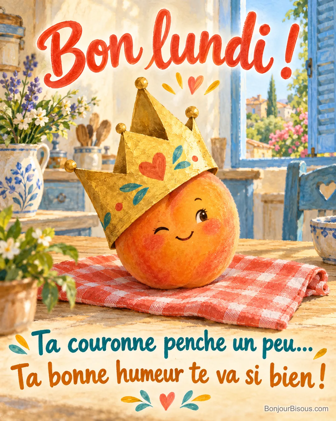 Un abricot souriant porte une couronne de papier trop grande et penchée, avec le message « Bon lundi ! Ta couronne penche un peu… Ta bonne humeur te va si bien ! ». Un abricot souriant porte une couronne de papier trop grande et penchée, avec le message « Bon lundi ! Ta couronne penche un peu… Ta bonne humeur te va si bien ! ».