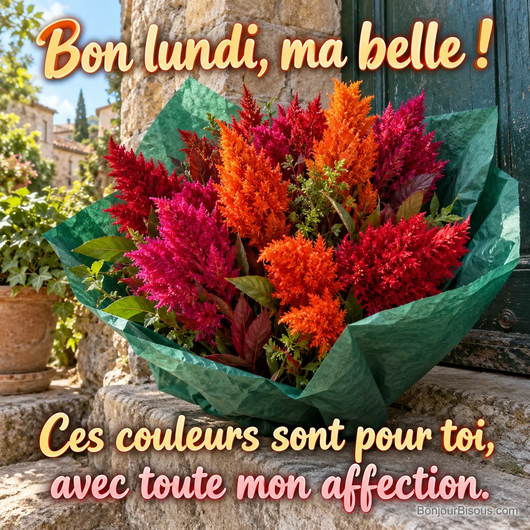 Un bouquet de célosies rouges, fuchsia et orange repose dans un papier de soie vert sur un seuil, avec le message « Bon lundi, ma belle ! Ces couleurs sont pour toi, avec toute mon affection. ». Un bouquet de célosies rouges, fuchsia et orange repose dans un papier de soie vert sur un seuil, avec le message « Bon lundi, ma belle ! Ces couleurs sont pour toi, avec toute mon affection. ».