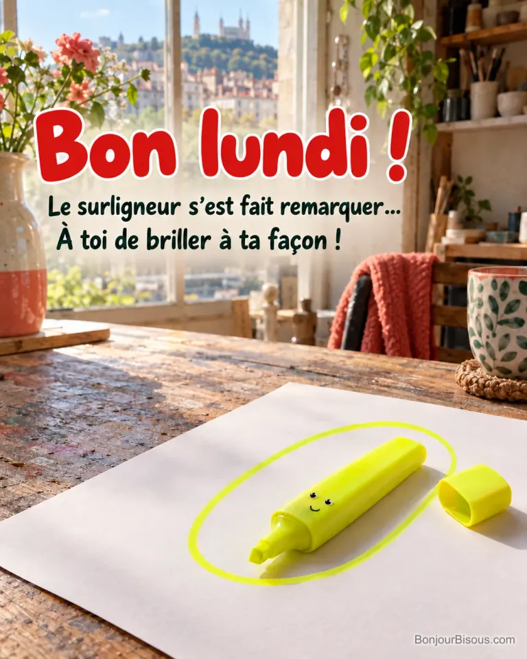 Un surligneur jaune au petit visage amusé a laissé une grande boucle lumineuse sur une feuille, avec le texte « Bon lundi ! Le surligneur s’est fait remarquer… À toi de briller à ta façon ! ».