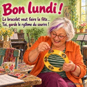 Une musicienne rit en décrochant son bracelet des petites cymbales d’un tambourin, avec le texte « Bon lundi ! Le bracelet veut faire la fête… Toi, garde le rythme du sourire ! ».