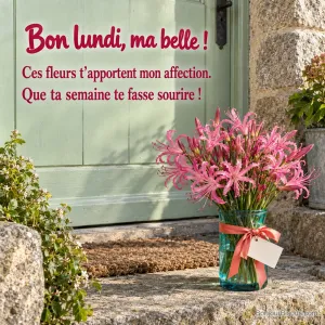 Un bouquet de nérines roses attend sur un seuil de maison dans la lumière du matin, avec le texte « Bon lundi, ma belle ! Ces fleurs t’apportent mon affection. Que ta semaine te fasse sourire ! ».