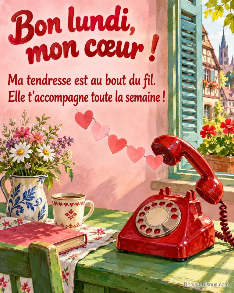 Un téléphone rouge ancien laisse s’échapper des cœurs en papier par son combiné, avec le texte « Bon lundi, mon cœur ! Ma tendresse est au bout du fil. Elle t’accompagne toute la semaine ! ».