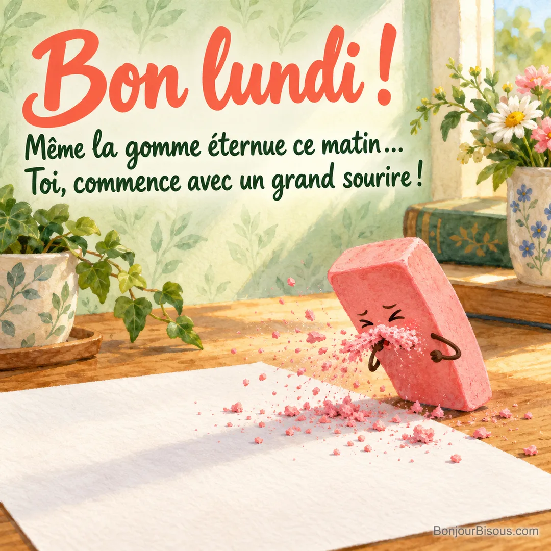 Une petite gomme rose expressive éternue ses miettes sur un bureau lumineux et porte une moustache de poussière, avec le texte « Bon lundi ! Même la gomme éternue ce matin… Toi, commence avec un grand sourire ! ».