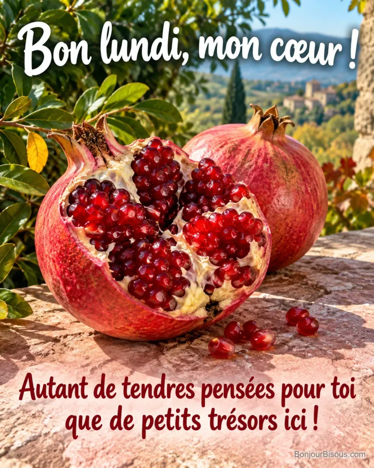 Une grenade ouverte aux graines rubis repose au soleil du matin sur une terrasse de la Drôme, avec le texte « Bon lundi, mon cœur ! Autant de tendres pensées pour toi que de petits trésors ici ! ».