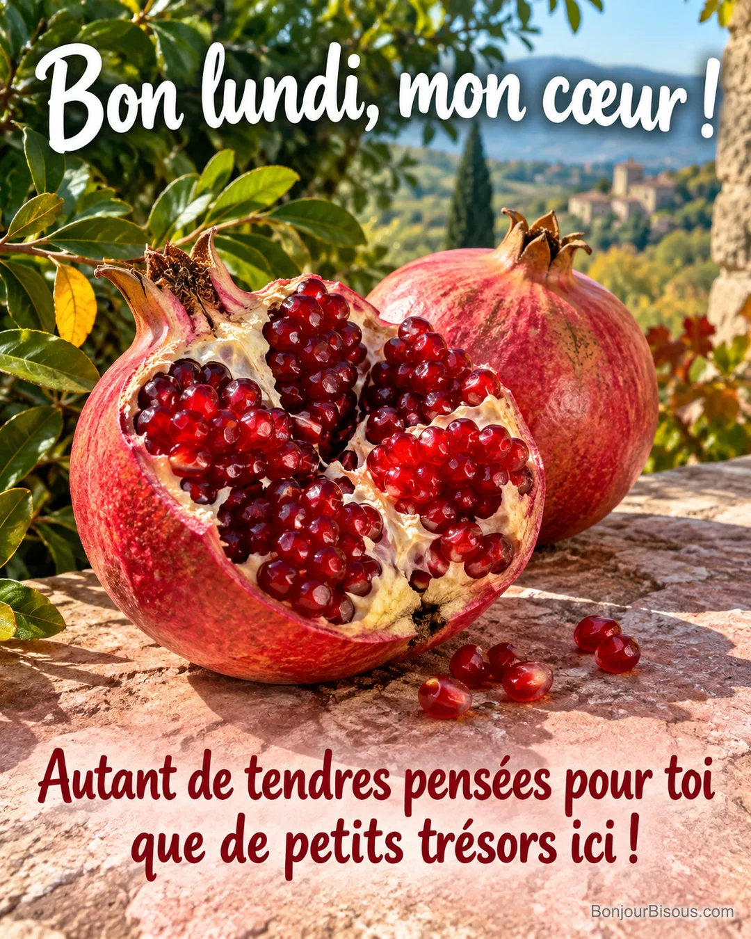 Une grenade ouverte aux graines rubis repose au soleil du matin sur une terrasse de la Drôme, avec le texte « Bon lundi, mon cœur ! Autant de tendres pensées pour toi que de petits trésors ici ! ».