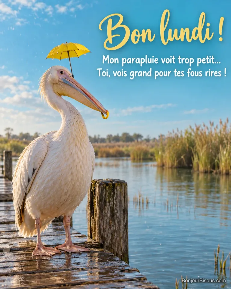 Un pélican blanc tient un parapluie jaune minuscule au-dessus de sa grosse tête sur un ponton. Le message est : « Bon lundi ! Mon parapluie voit trop petit… Toi, vois grand pour tes fous rires ! ».