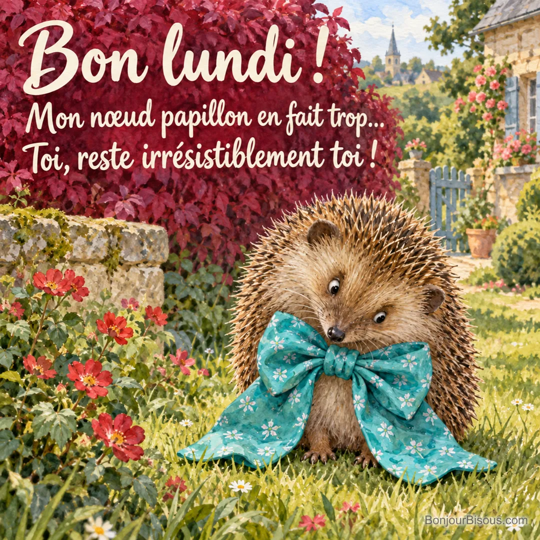 Un hérisson porte un nœud papillon turquoise tellement grand que les deux ailes frôlent le sol. Le message est : « Bon lundi ! Mon nœud papillon en fait trop… Toi, reste irrésistiblement toi ! ».