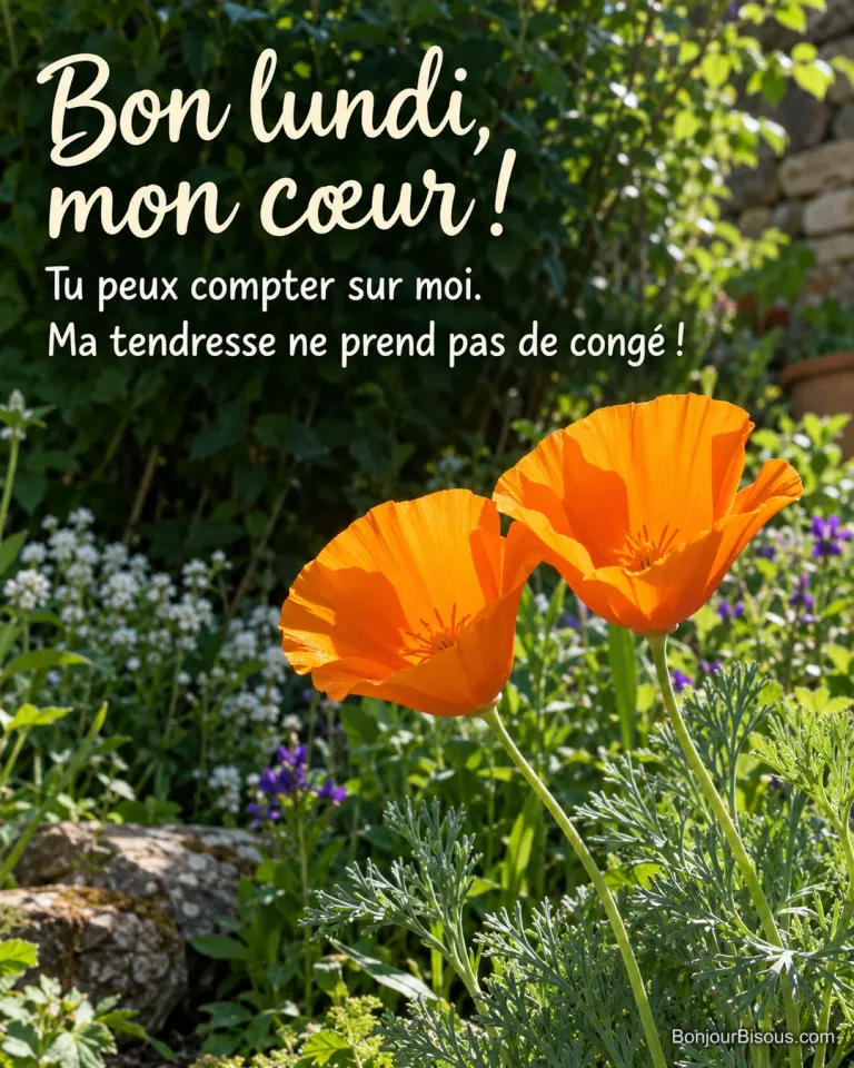 Deux pavots de Californie orange inclinent leurs fleurs l’une vers l’autre dans un jardin de juin. Le message est : « Bon lundi, mon cœur ! Tu peux compter sur moi. Ma tendresse ne prend pas de congé ! ».