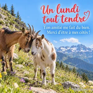 Deux chèvres alpines de robes différentes se frottent tendrement le front sur un chemin de montagne. Le message est : « Un lundi tout tendre Ton amitié me fait du bien. Merci d’être à mes côtés ! ».