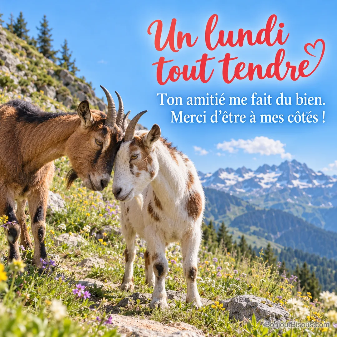 Deux chèvres alpines de robes différentes se frottent tendrement le front sur un chemin de montagne. Le message est : « Un lundi tout tendre Ton amitié me fait du bien. Merci d’être à mes côtés ! ». Deux chèvres alpines de robes différentes se frottent tendrement le front sur un chemin de montagne. Le message est : « Un lundi tout tendre Ton amitié me fait du bien. Merci d’être à mes côtés ! ».