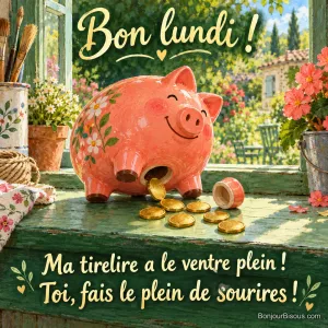 Une tirelire corail si pleine que son bouchon a sauté laisse échapper sept pièces sur un rebord de fenêtre. Le message est : « Bon lundi ! Ma tirelire a le ventre plein ! Toi, fais le plein de sourires ! ».