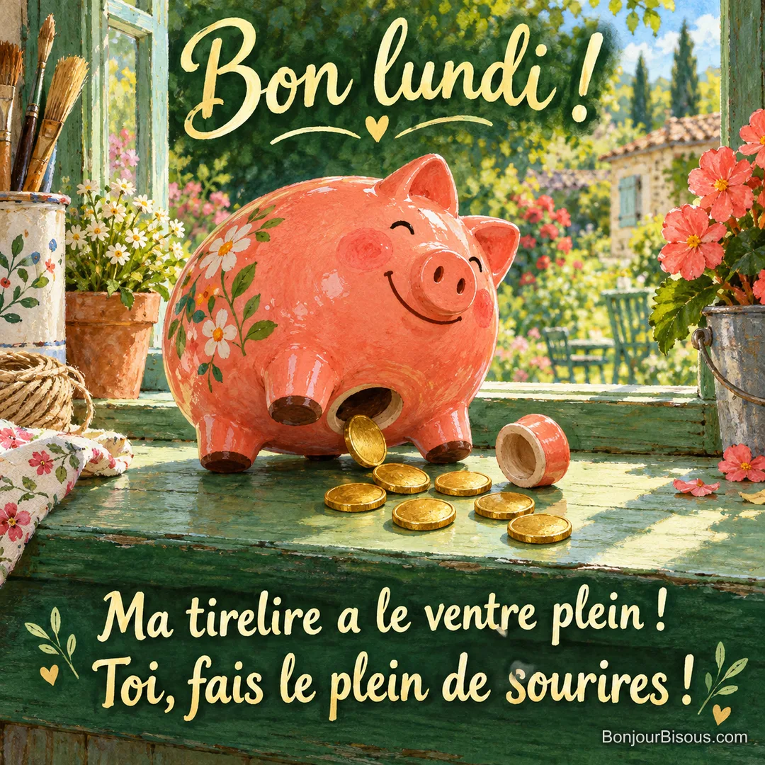 Une tirelire corail si pleine que son bouchon a sauté laisse échapper sept pièces sur un rebord de fenêtre. Le message est : « Bon lundi ! Ma tirelire a le ventre plein ! Toi, fais le plein de sourires ! ».