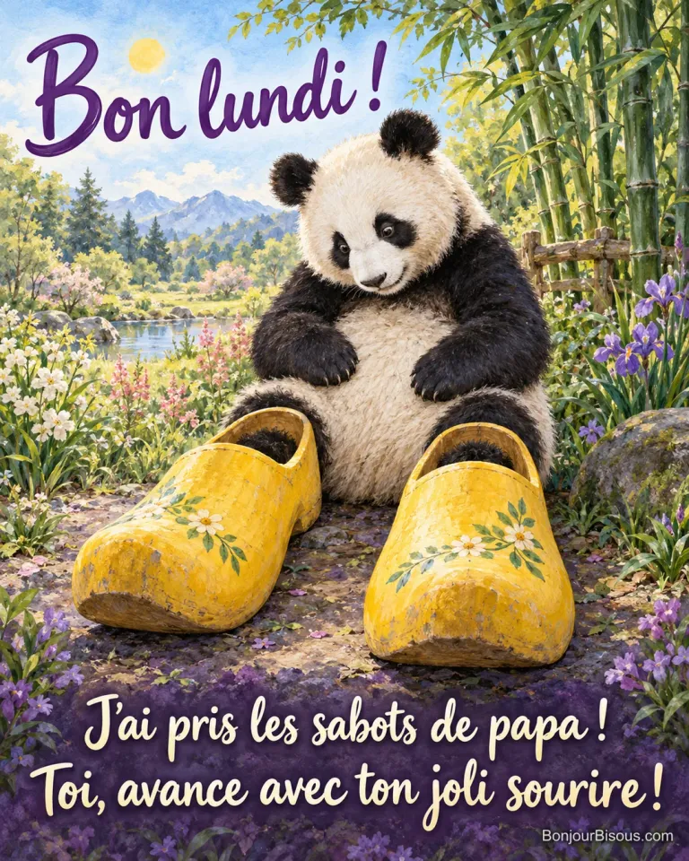 Un jeune panda regarde ses pieds chaussés de deux immenses sabots de jardin jaunes. Le message est : « Bon lundi ! J’ai pris les sabots de papa ! Toi, avance avec ton joli sourire ! ».