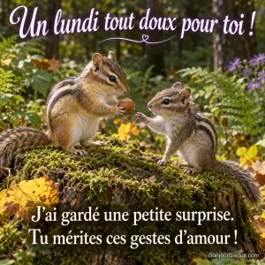 Un tamia brun doré offre une noisette à un plus petit compagnon sur une souche couverte de mousse. Le message est : « Un lundi tout doux pour toi ! J’ai gardé une petite surprise. Tu mérites ces gestes d’amour ! ».