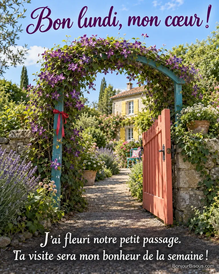 Une arche de clématite violette et un portillon ouvert préparent un accueil fleuri pour une visite attendue. Le message est : « Bon lundi, mon cœur ! J’ai fleuri notre petit passage. Ta visite sera mon bonheur de la semaine ! ».