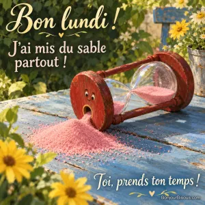 Un petit sablier rouge couché a laissé sortir un tas de sable rose. Le message est : « Bon lundi ! J’ai mis du sable partout ! Toi, prends ton temps ! ».