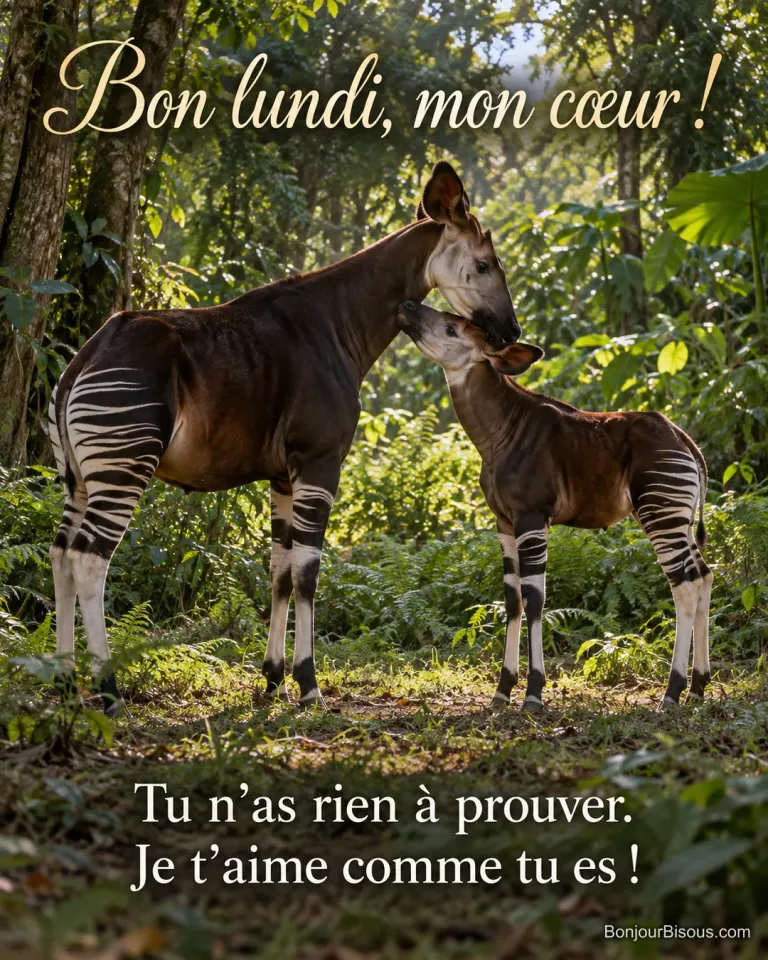 Une mère okapi et son petit aux jambes rayées se touchent tendrement le cou. Le message est : « Bon lundi, mon cœur ! Tu n’as rien à prouver. Je t’aime comme tu es ! ».