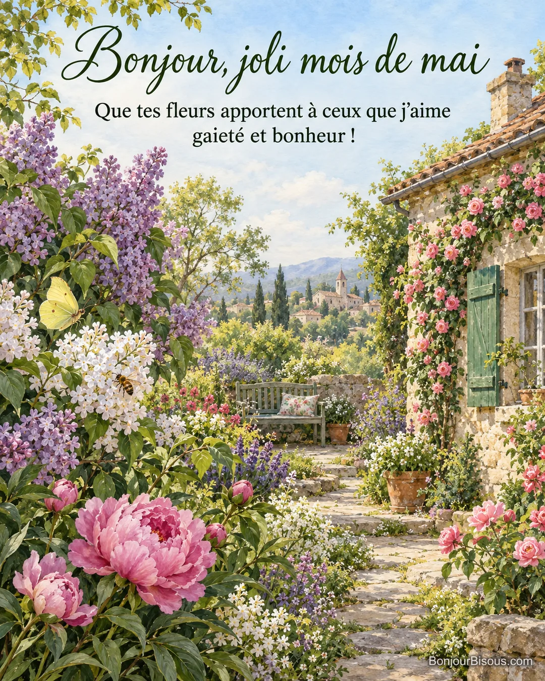 Peinture d’un jardin de mai avec lilas mauves et blancs, pivoines, roses grimpantes sur une maison de pierre, papillon citron et abeille, chemin vers un banc, avec le texte « Bonjour, joli mois de mai – Que tes fleurs apportent à ceux que j’aime gaieté et bonheur ! »