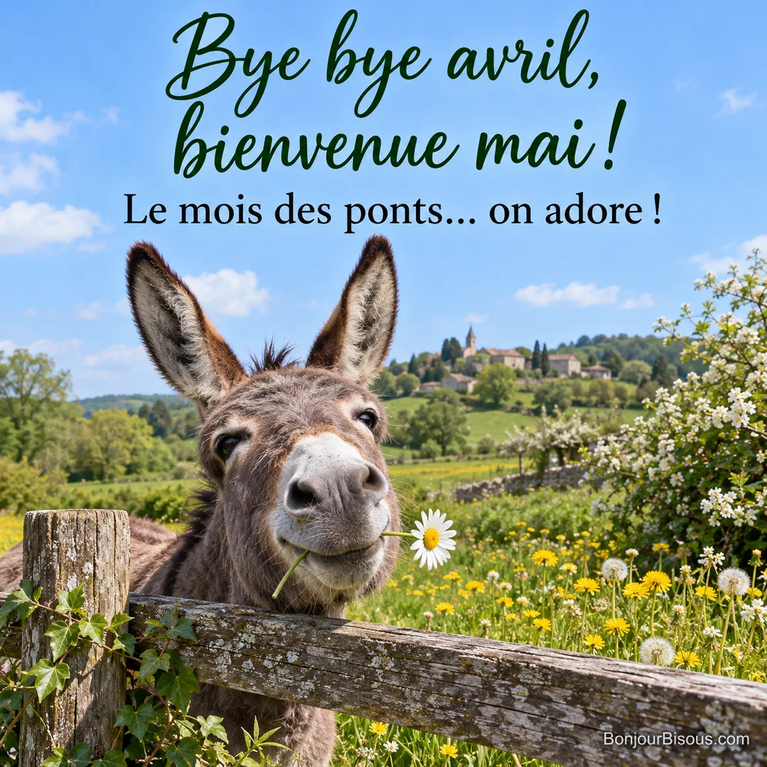 Photo d’un âne gris qui passe la tête par-dessus une barrière en bois, une marguerite dans la bouche, devant un pré de pissenlits et un village perché, avec le texte « Bye bye avril, bienvenue mai ! Le mois des ponts… on adore ! » Photo d’un âne gris qui passe la tête par-dessus une barrière en bois, une marguerite dans la bouche, devant un pré de pissenlits et un village perché, avec le texte « Bye bye avril, bienvenue mai ! Le mois des ponts… on adore ! »