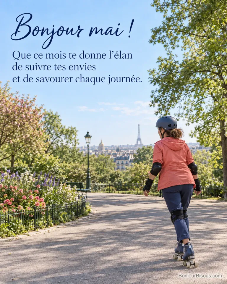 Une femme fait du patin à roulettes dans un parc parisien verdoyant, avec le texte « Bonjour mai ! Que ce mois te donne l’élan de suivre tes envies et de savourer chaque journée. ».