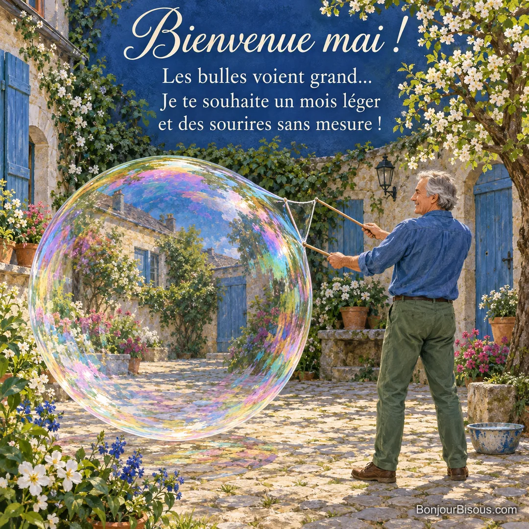 Un homme forme une immense bulle de savon dans une cour normande, avec le texte « Bienvenue mai ! Les bulles voient grand… Je te souhaite un mois léger et des sourires sans mesure ! ». Un homme forme une immense bulle de savon dans une cour normande, avec le texte « Bienvenue mai ! Les bulles voient grand… Je te souhaite un mois léger et des sourires sans mesure ! ».