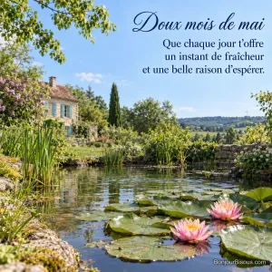 Deux fleurs roses de nénuphar s’ouvrent sur un étang de jardin bourguignon, avec le texte « Doux mois de mai Que chaque jour t’offre un instant de fraîcheur et une belle raison d’espérer. ».