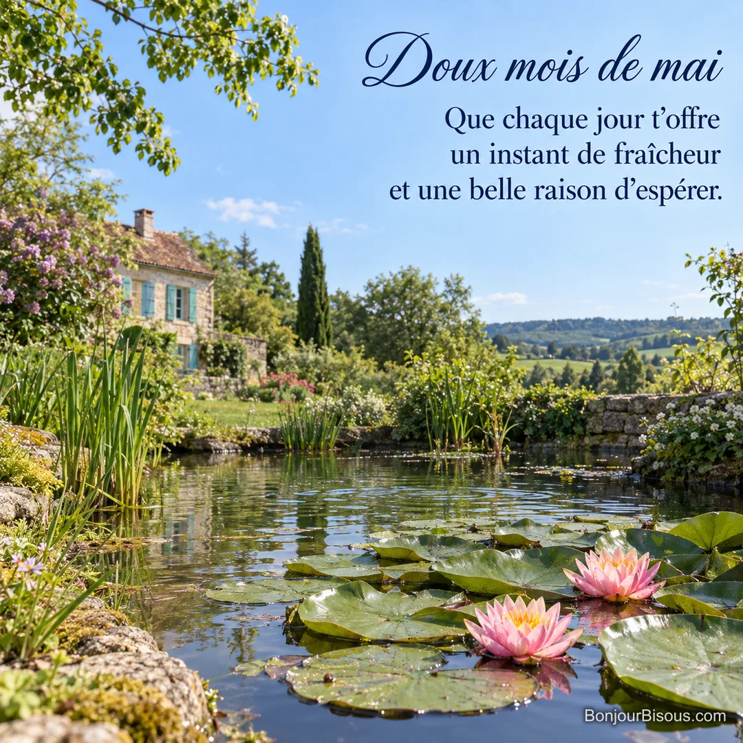 Deux fleurs roses de nénuphar s’ouvrent sur un étang de jardin bourguignon, avec le texte « Doux mois de mai Que chaque jour t’offre un instant de fraîcheur et une belle raison d’espérer. ». Deux fleurs roses de nénuphar s’ouvrent sur un étang de jardin bourguignon, avec le texte « Doux mois de mai Que chaque jour t’offre un instant de fraîcheur et une belle raison d’espérer. ».