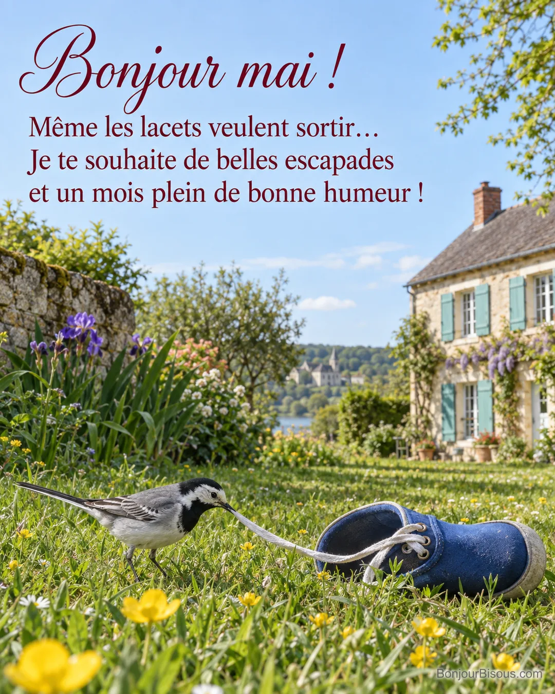 Une bergeronnette tire le lacet d’une chaussure de jardin vide parmi les boutons d’or, avec le texte « Bonjour mai ! Même les lacets veulent sortir… Je te souhaite de belles escapades et un mois plein de bonne humeur ! ». Une bergeronnette tire le lacet d’une chaussure de jardin vide parmi les boutons d’or, avec le texte « Bonjour mai ! Même les lacets veulent sortir… Je te souhaite de belles escapades et un mois plein de bonne humeur ! ».