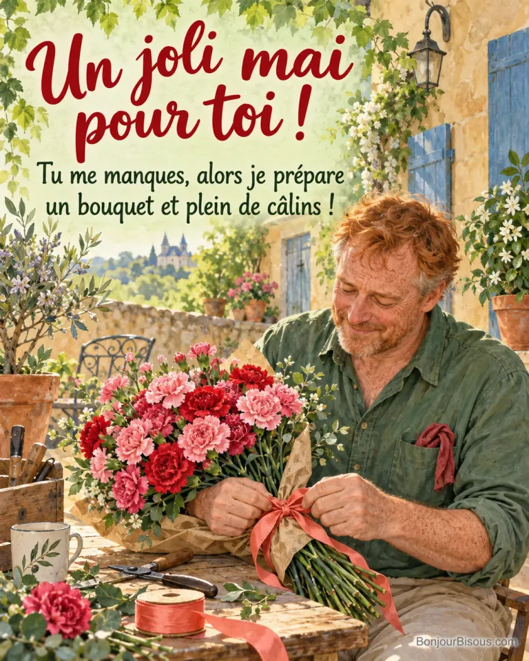Un homme roux prépare avec tendresse un bouquet d’œillets roses et rouges dans une cour angevine, avec le texte « Un joli mai pour toi ! Tu me manques, alors je prépare un bouquet et plein de câlins ! ».