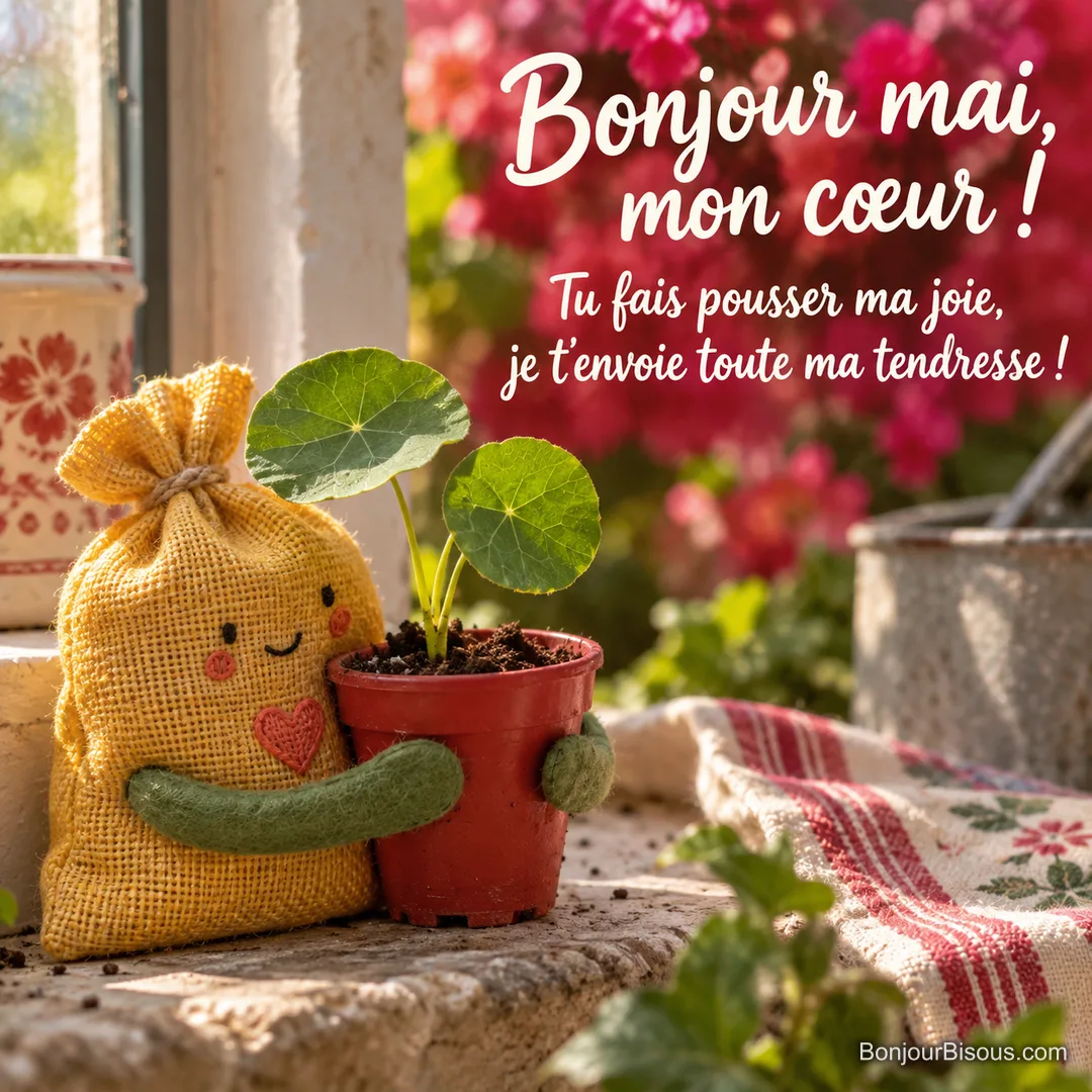 Un sachet de graines jaune souriant enlace une petite pousse de capucine dans un godet rouge, avec le texte « Bonjour mai, mon cœur ! Tu fais pousser ma joie, je t’envoie toute ma tendresse ! ». Un sachet de graines jaune souriant enlace une petite pousse de capucine dans un godet rouge, avec le texte « Bonjour mai, mon cœur ! Tu fais pousser ma joie, je t’envoie toute ma tendresse ! ».
