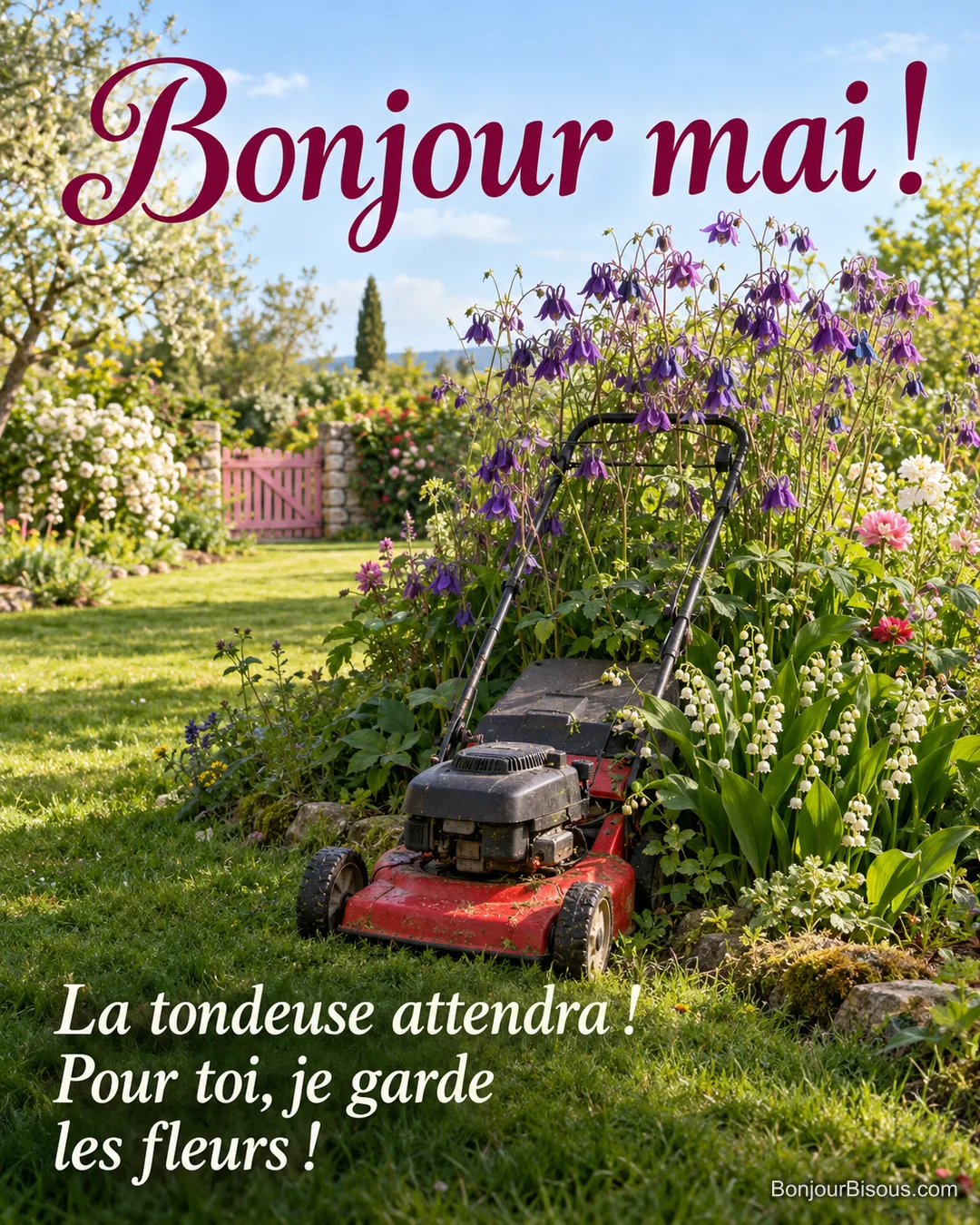 Une petite tondeuse rouge s’arrête devant des ancolies violettes qui débordent sur son guidon, avec le message « Bonjour mai ! La tondeuse attendra ! Pour toi, je garde les fleurs ! ». Une petite tondeuse rouge s’arrête devant des ancolies violettes qui débordent sur son guidon, avec le message « Bonjour mai ! La tondeuse attendra ! Pour toi, je garde les fleurs ! ».