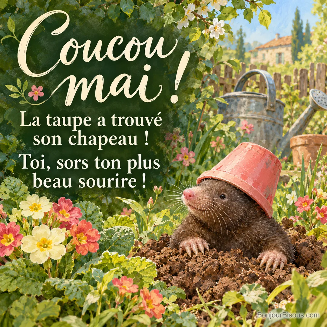 Une taupe sort de terre avec un petit pot rose retourné sur la tête comme un chapeau, avec le message « Coucou mai ! La taupe a trouvé son chapeau ! Toi, sors ton plus beau sourire ! ».
