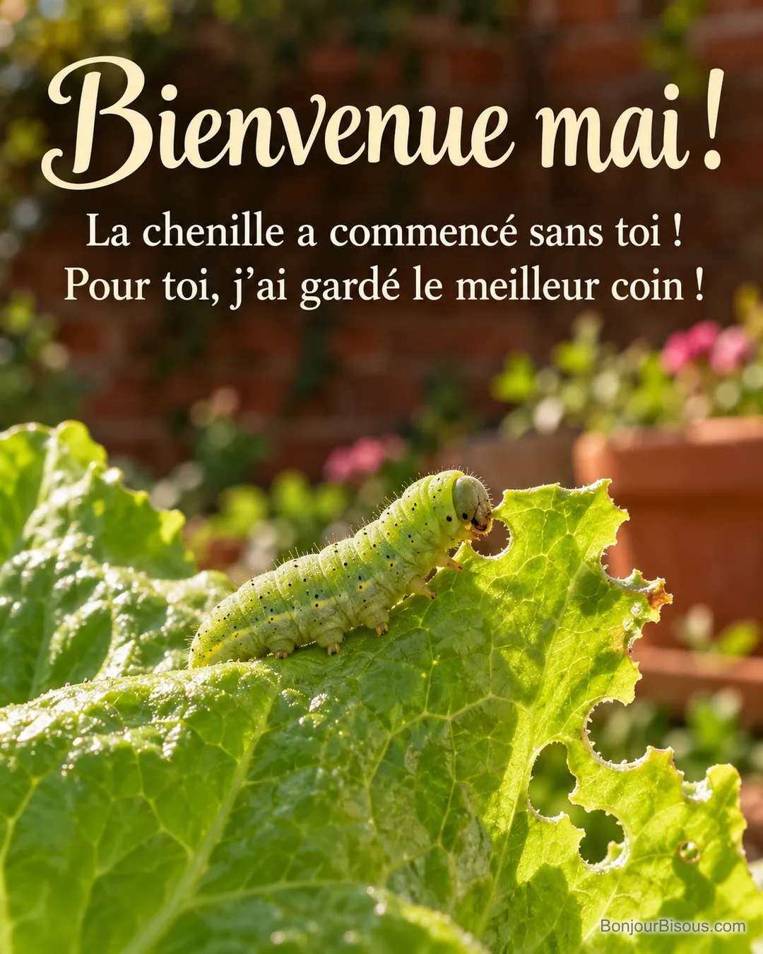 Une petite chenille verte grignote le bord d’une grande feuille de laitue dans un potager, avec le message « Bienvenue mai ! La chenille a commencé sans toi ! Pour toi, j’ai gardé le meilleur coin ! ». Une petite chenille verte grignote le bord d’une grande feuille de laitue dans un potager, avec le message « Bienvenue mai ! La chenille a commencé sans toi ! Pour toi, j’ai gardé le meilleur coin ! ».