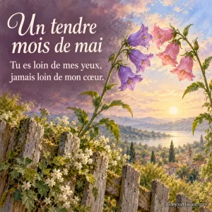 Deux tiges de campanules se rejoignent entre les lattes d’une clôture de jardin, avec le message « Un tendre mois de mai Tu es loin de mes yeux, jamais loin de mon cœur. ».